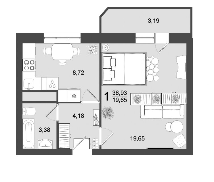 Продаётся 1-комнатная квартира, 36.93 м²