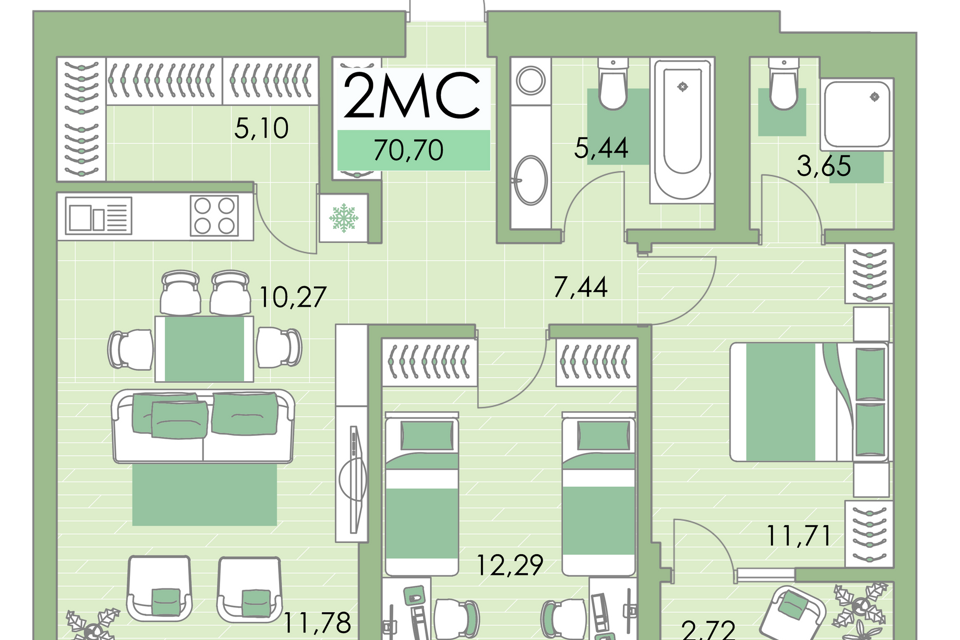 Продаётся 2-комнатная квартира, 70.1 м²
