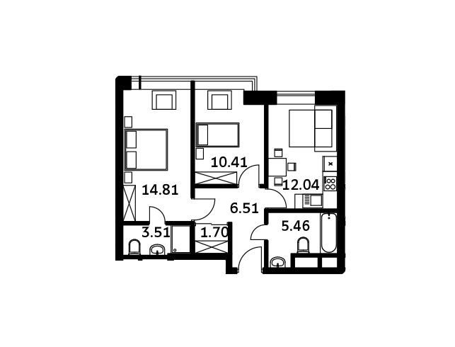 Продаётся 2-комнатная квартира, 54.44 м²