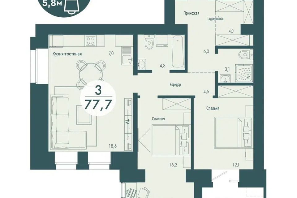 Продаётся 2-комнатная квартира, 77.7 м²
