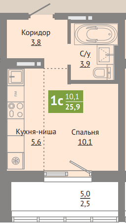 Продаётся студия, 25.9 м²