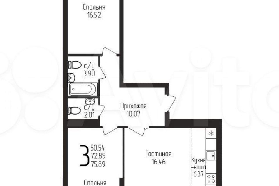 Продаётся 3-комнатная квартира, 72.9 м²