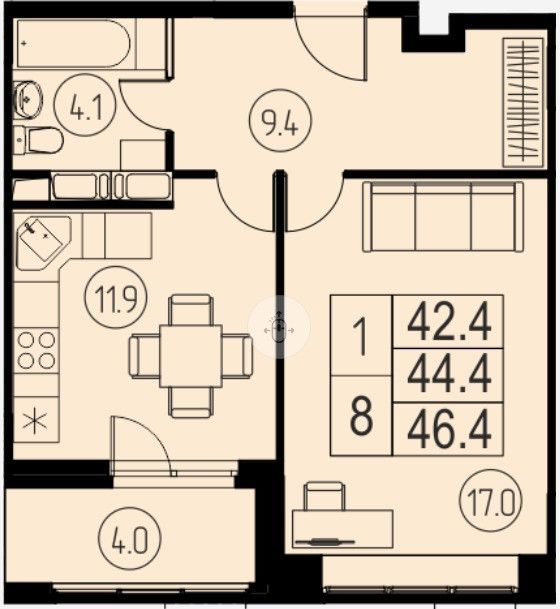 Продаётся 1-комнатная квартира, 42.4 м²