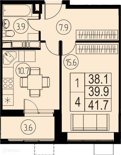 Продаётся 1-комнатная квартира, 39.9 м²