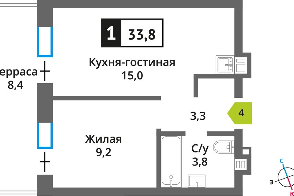 Продаётся 1-комнатная квартира, 33.8 м²