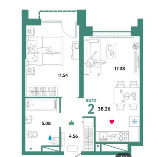 Продаётся 1-комнатная квартира, 38.3 м²