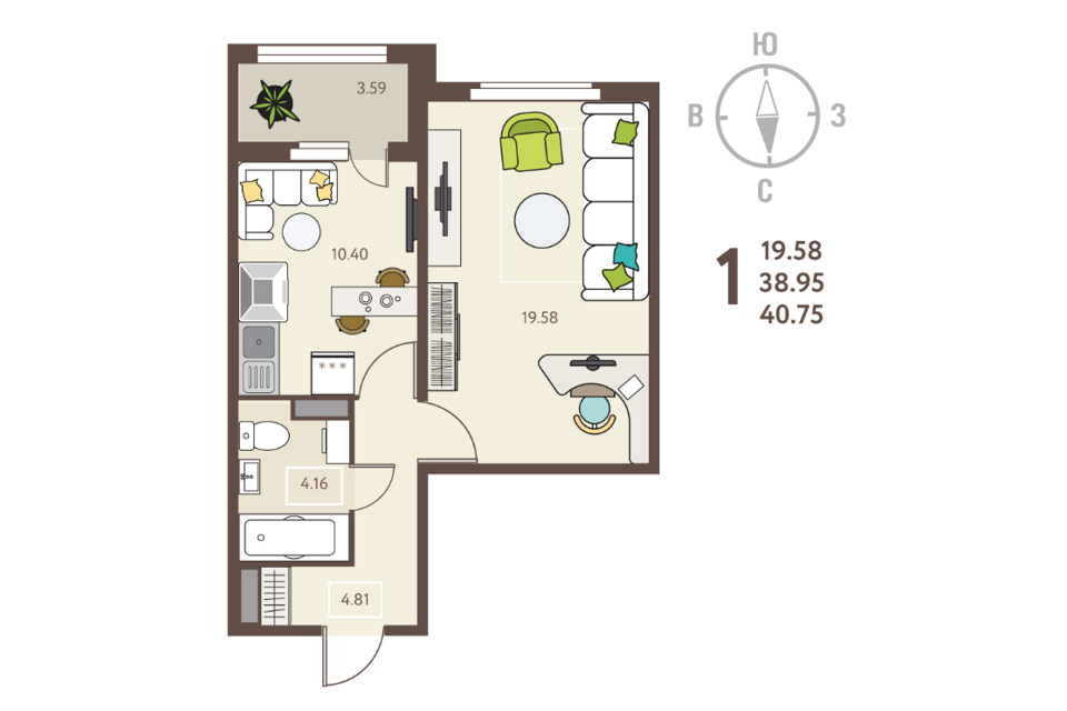 Продаётся 1-комнатная квартира, 40.75 м²