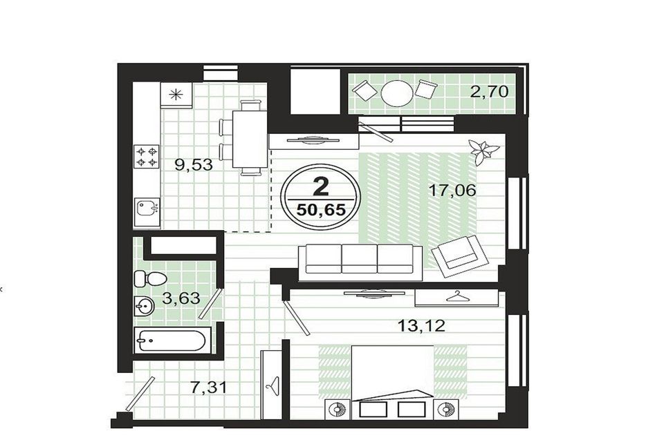 Продаётся 2-комнатная квартира, 51.9 м²