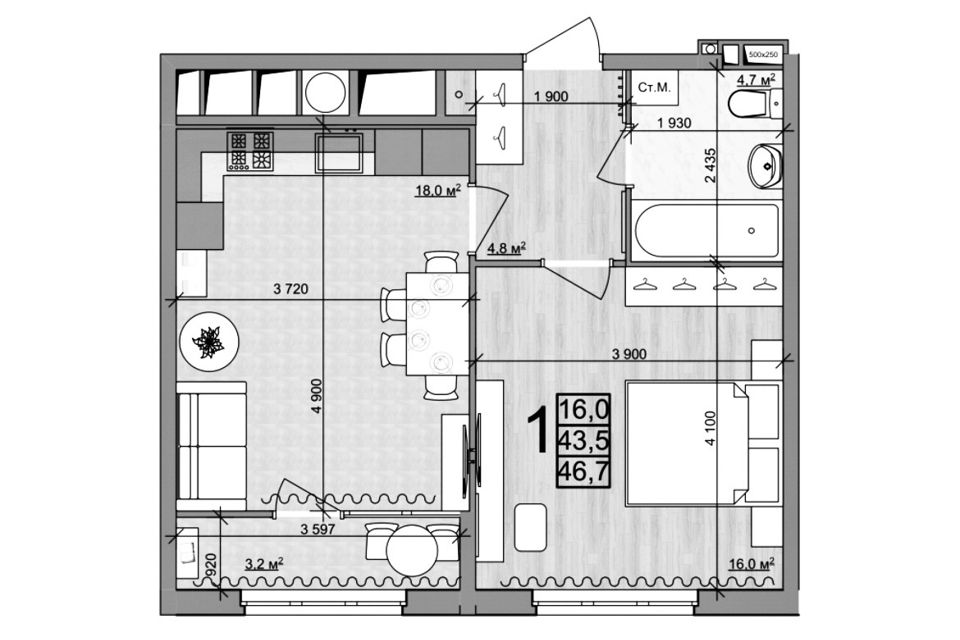 Продаётся 1-комнатная квартира, 47 м²