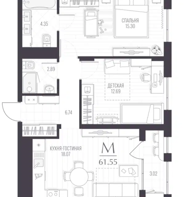 Продаётся 2-комнатная квартира, 61.55 м²