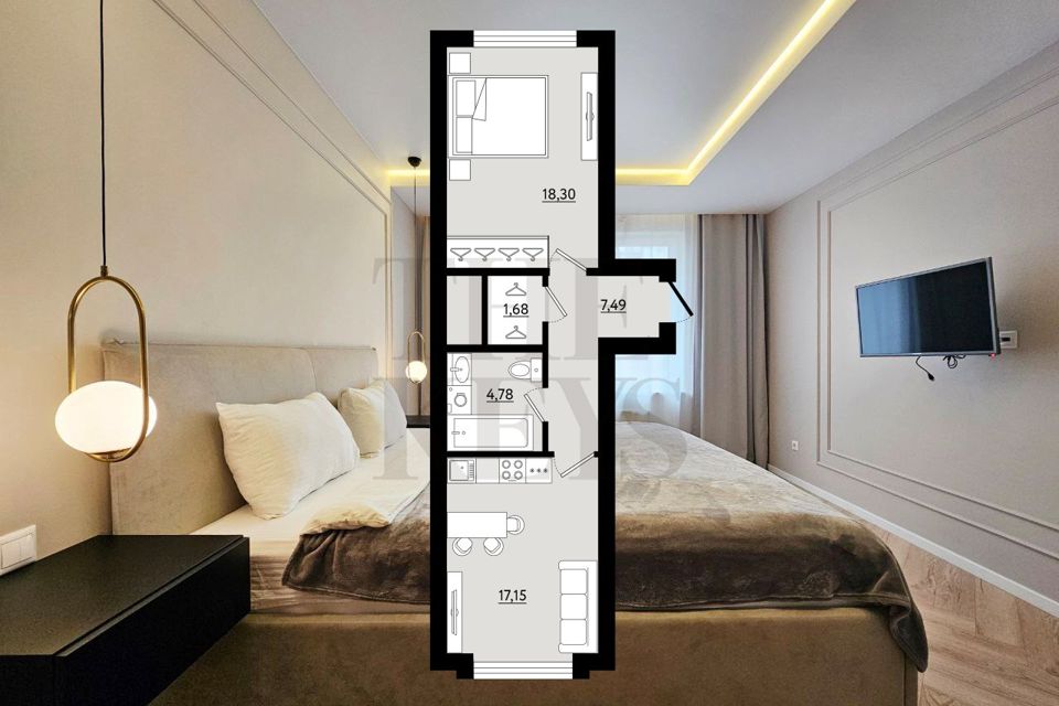 Продаётся 1-комнатная квартира, 49.3 м²