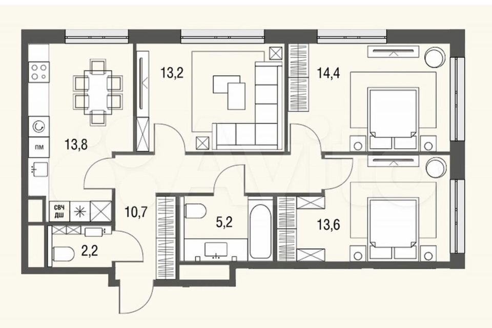 Продаётся 3-комнатная квартира, 73.1 м²