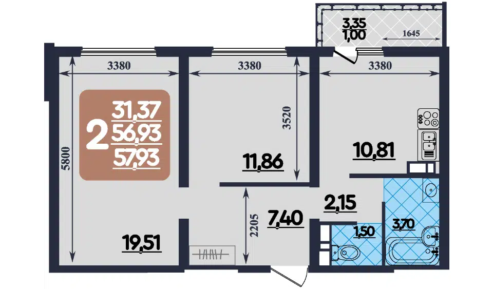 Продаётся 2-комнатная квартира, 58 м²