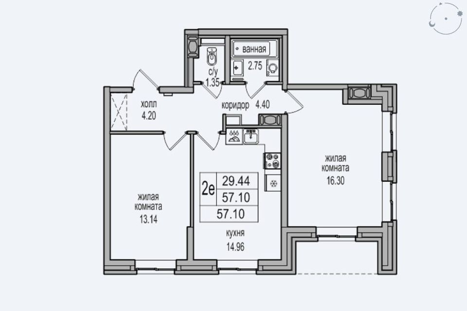 Продаётся 2-комнатная квартира, 56.4 м²