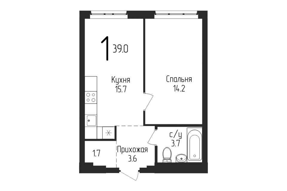 Продаётся 1-комнатная квартира, 39 м²
