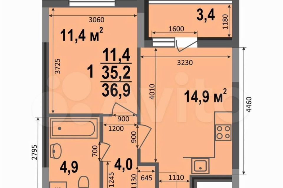 Продаётся 1-комнатная квартира, 34.7 м²