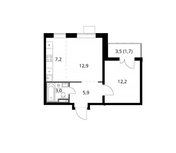 Продаётся 1-комнатная квартира, 42.9 м²