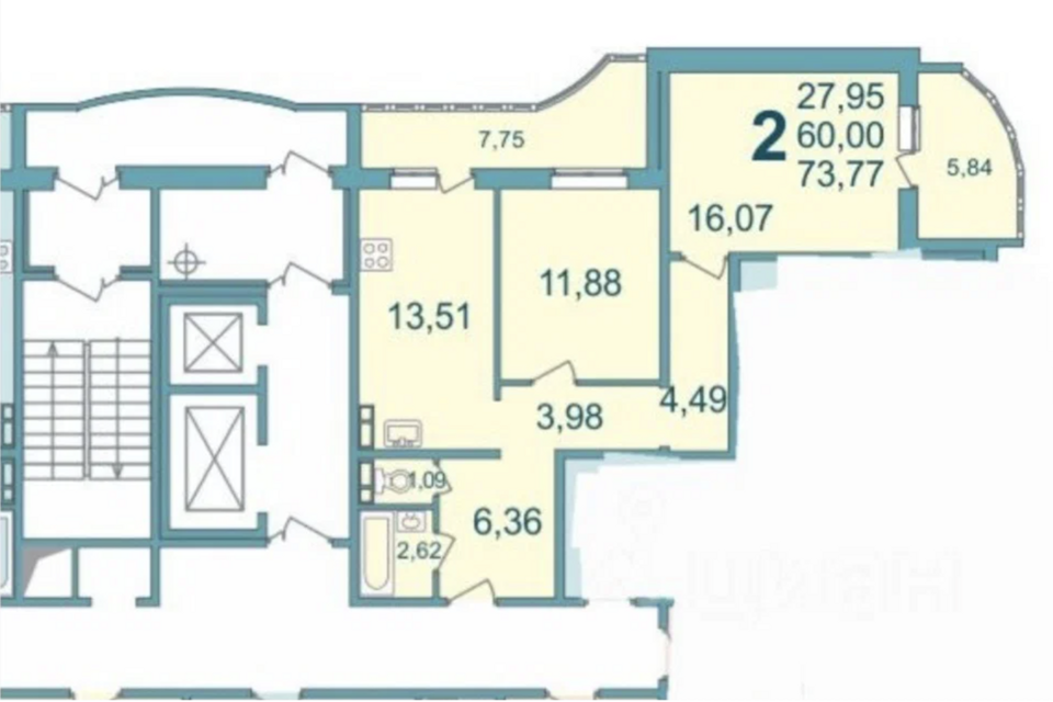 Продаётся 2-комнатная квартира, 73.77 м²