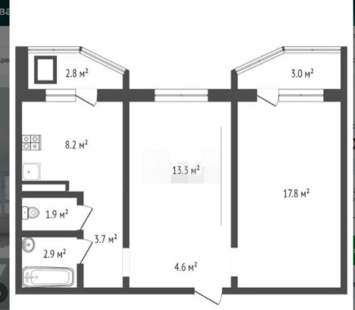 Продаётся 2-комнатная квартира, 52.4 м²
