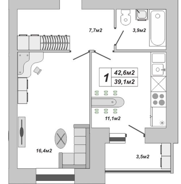 Продаётся 1-комнатная квартира, 42.6 м²