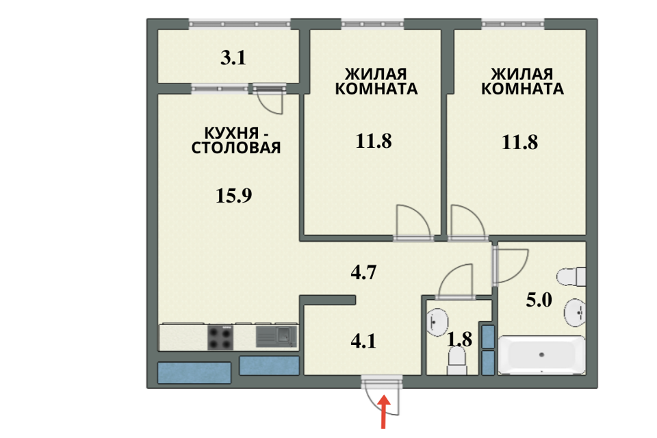 Продаётся 2-комнатная квартира, 54.7 м²