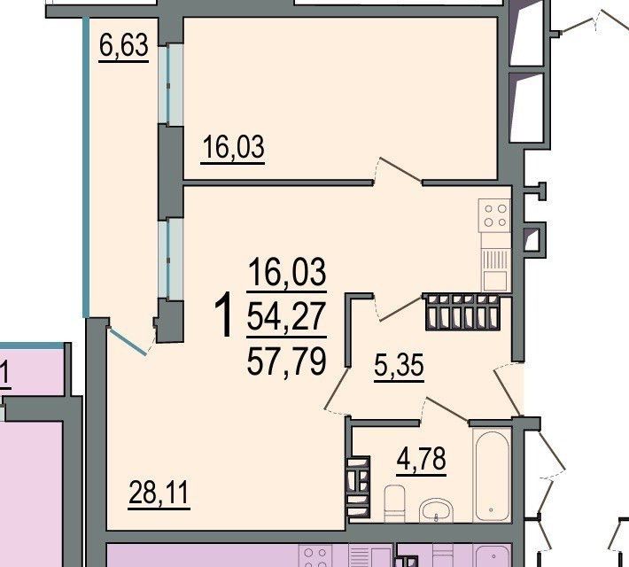 Продаётся 1-комнатная квартира, 57.79 м²