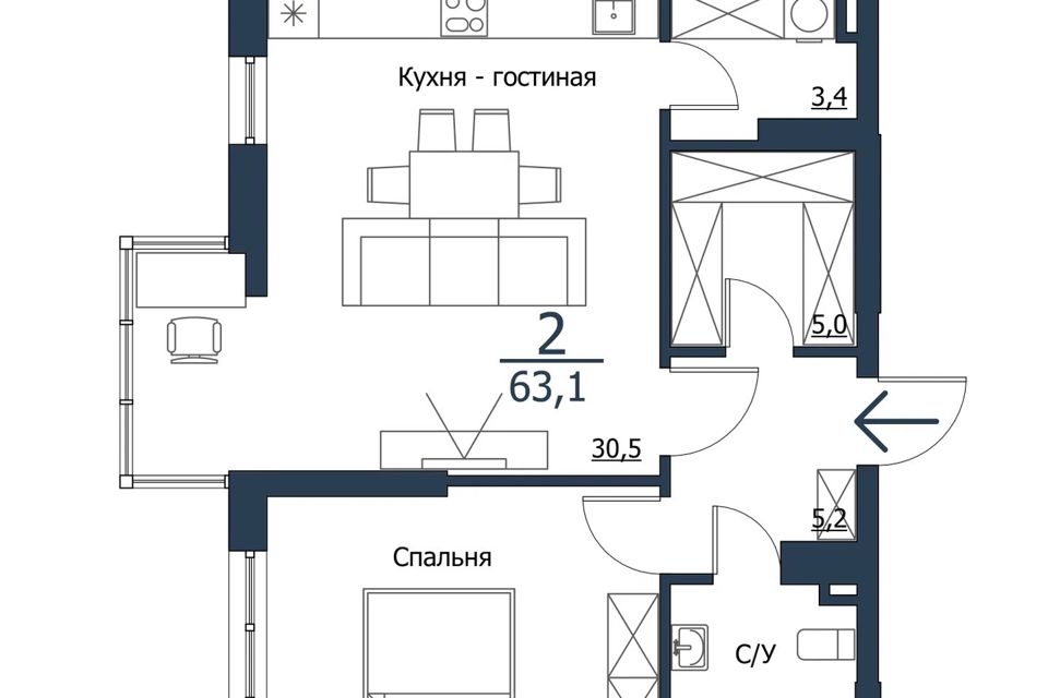 Продаётся 1-комнатная квартира, 63.1 м²