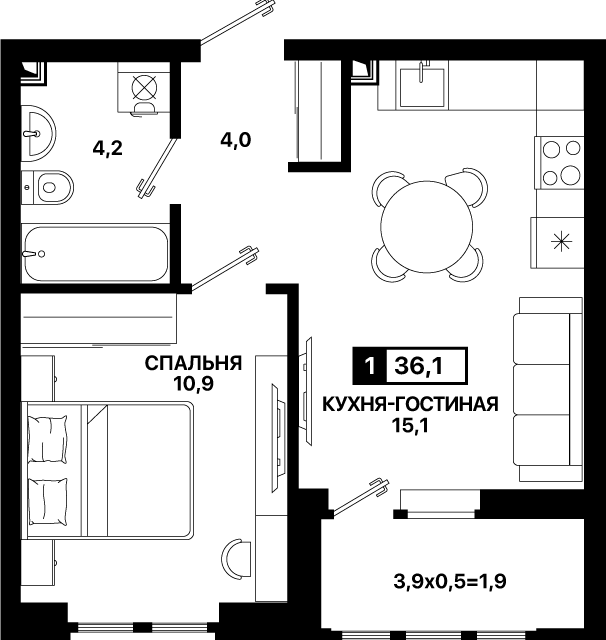 Продаётся 1-комнатная квартира, 36 м²
