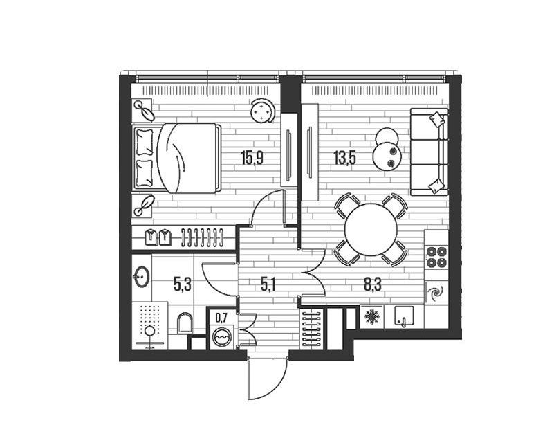 Продаётся 1-комнатная квартира, 48.8 м²