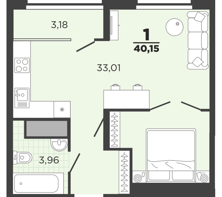 Продаётся 1-комнатная квартира, 40.15 м²