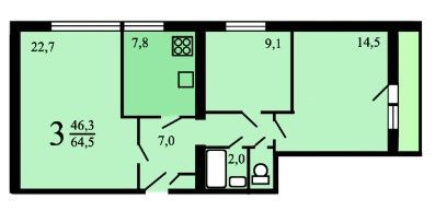 Продаётся 3-комнатная квартира, 65 м²