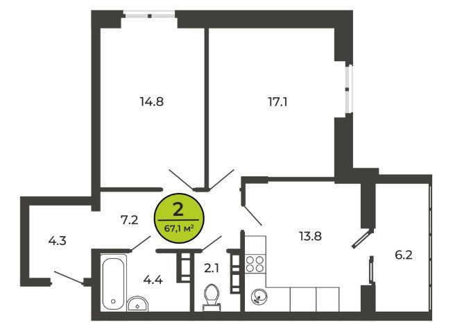 Продаётся 2-комнатная квартира, 67.19 м²