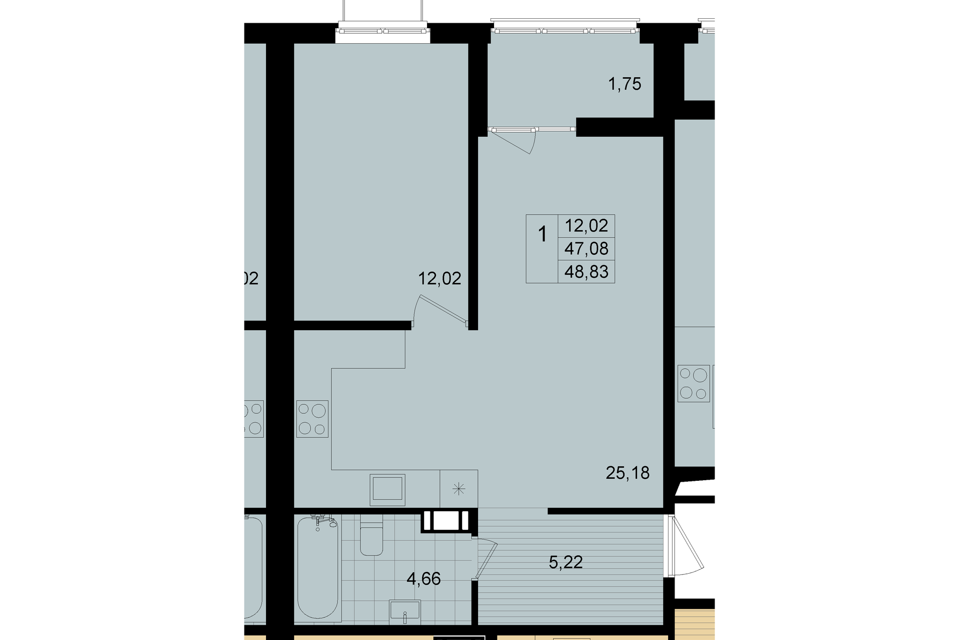 Продаётся 1-комнатная квартира, 47.9 м²
