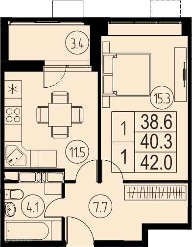 Продаётся 1-комнатная квартира, 40.3 м²