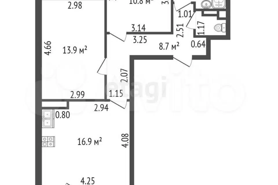 Продаётся 2-комнатная квартира, 55.8 м²