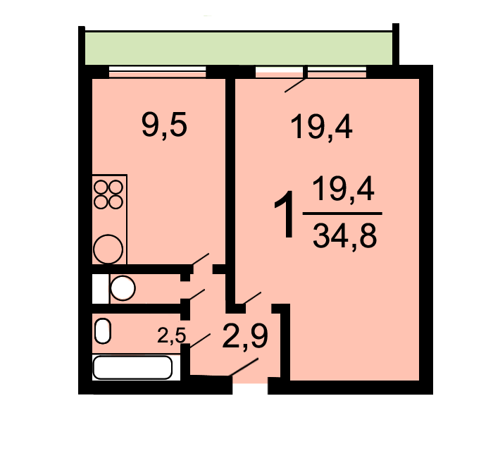 Продаётся 1-комнатная квартира, 35 м²