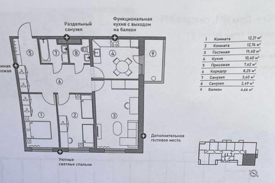 Продаётся 3-комнатная квартира, 76.8 м²