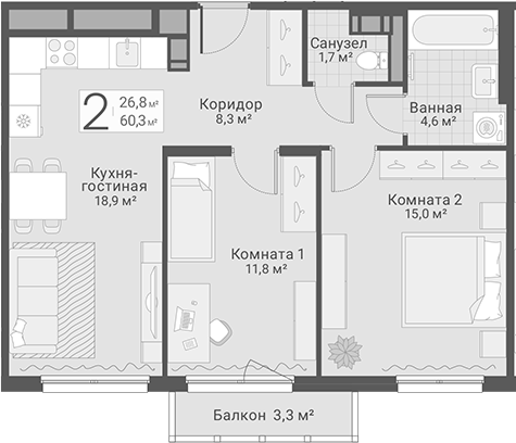 Продаётся 2-комнатная квартира, 60.3 м²