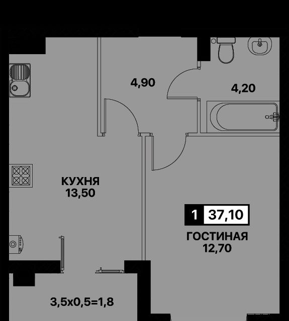 Продаётся 1-комнатная квартира, 37 м²