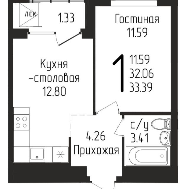 Продаётся 1-комнатная квартира, 34.3 м²