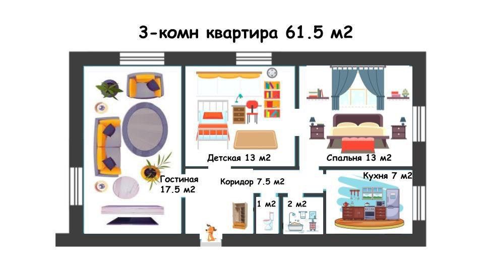 Продаётся 3-комнатная квартира, 61.5 м²