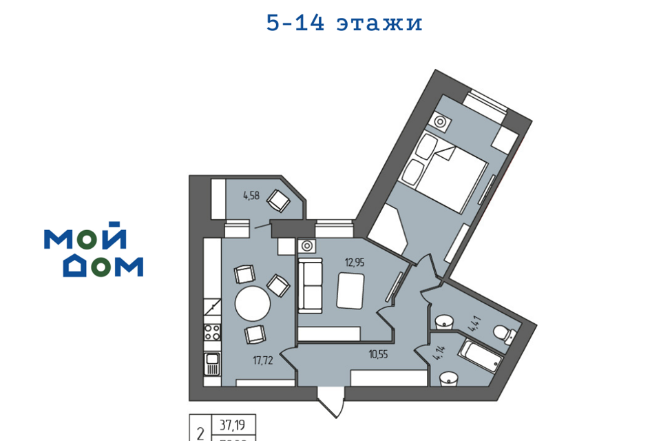 Продаётся 2-комнатная квартира, 68.9 м²