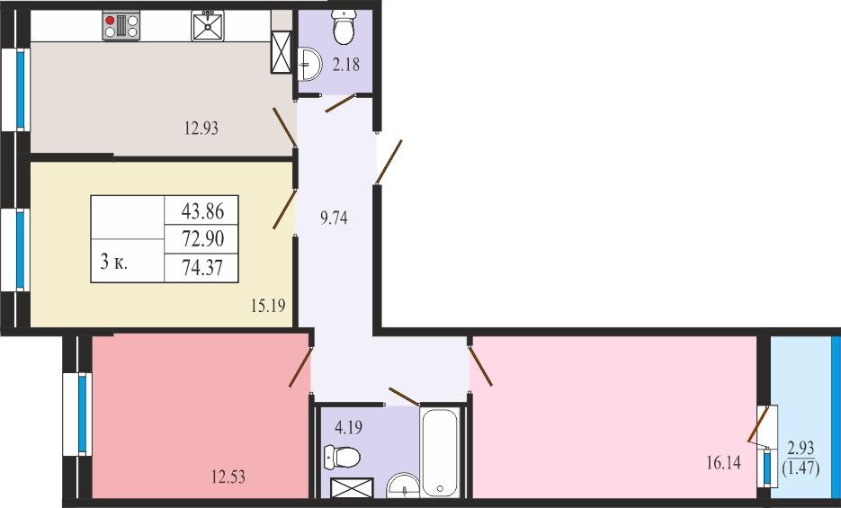 Продаётся 3-комнатная квартира, 73.3 м²
