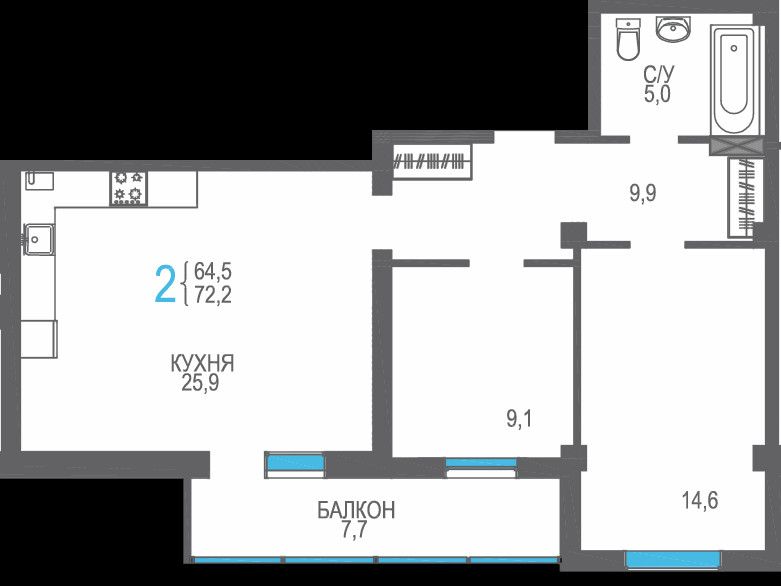 Продаётся 2-комнатная квартира, 72.2 м²