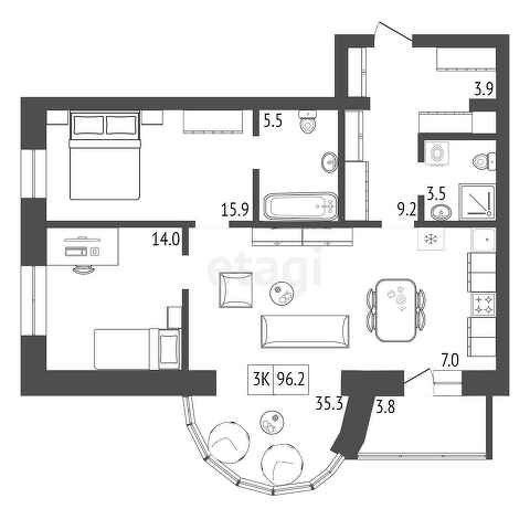 Продаётся 2-комнатная квартира, 96.2 м²