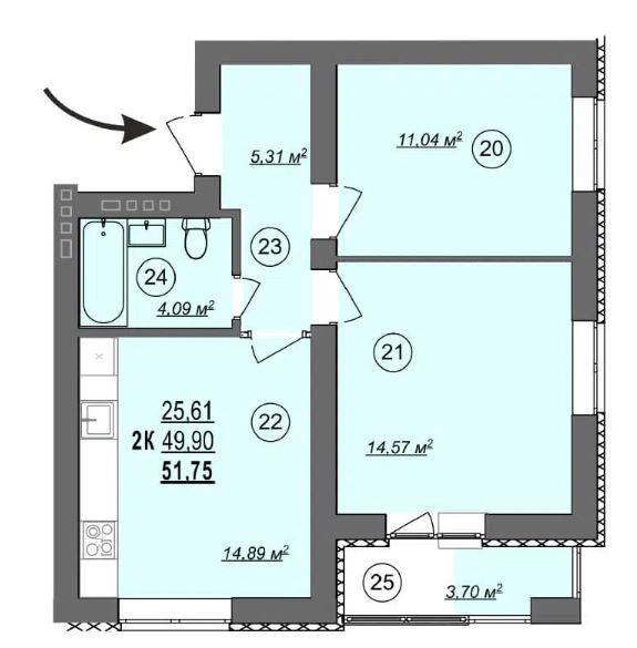 Продаётся 2-комнатная квартира, 51.8 м²