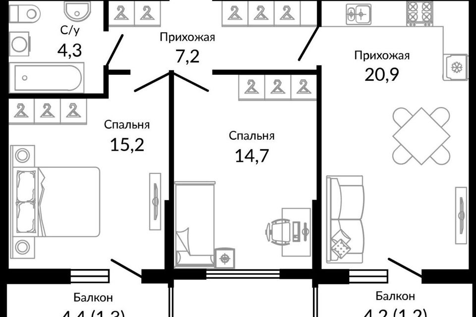Продаётся 2-комнатная квартира, 65.1 м²