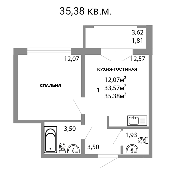 Продаётся 1-комнатная квартира, 35.38 м²