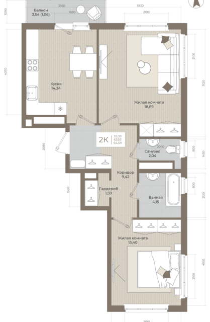 Продаётся 2-комнатная квартира, 64.5 м²