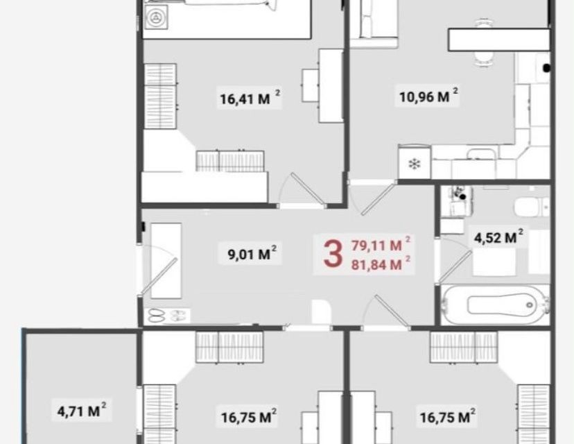 Продаётся 3-комнатная квартира, 81.8 м²